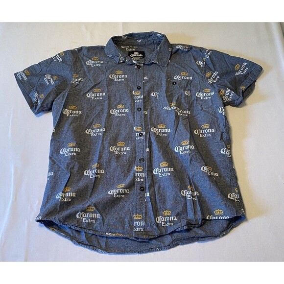 Corona Extra Beer Logo Button Down Short Sleeve Shirt Men's 2XL XXL Blue - Picture 1 of 8
